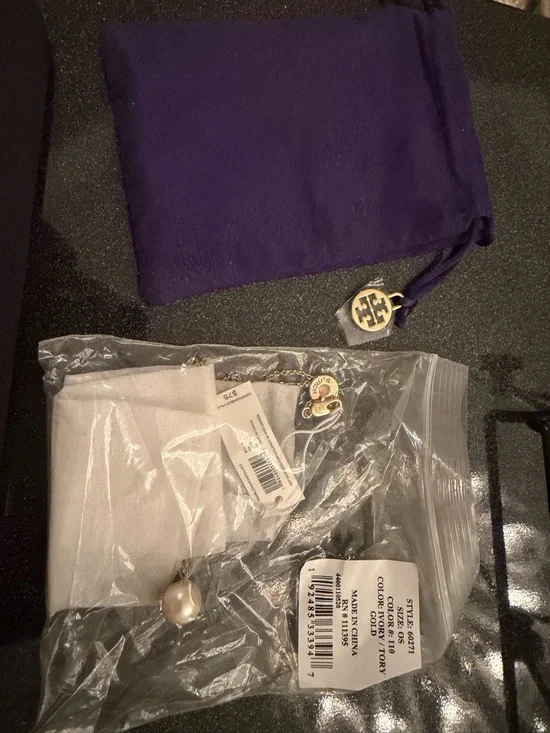 Tory Burch Gold-Tone Pearl Logo Drop Necklace - Picture 3 of 3